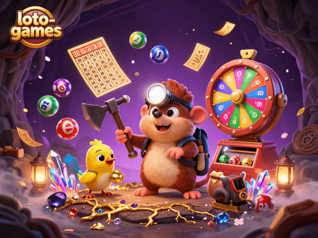 Loto-games showcase vibrant lottery action with a treasure hunter mole amidst colorful numbered balls and glowing gems.