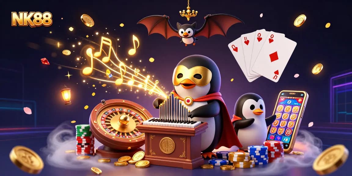 NK88 showcases thrilling gambling environments with an exciting penguin playing an organ of golden coins.