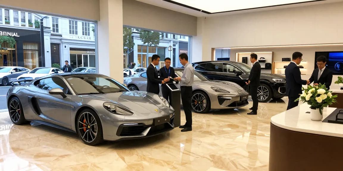 Interior showroom LUXURY 777 dengan mobil premium dan pelanggan berinteraksi