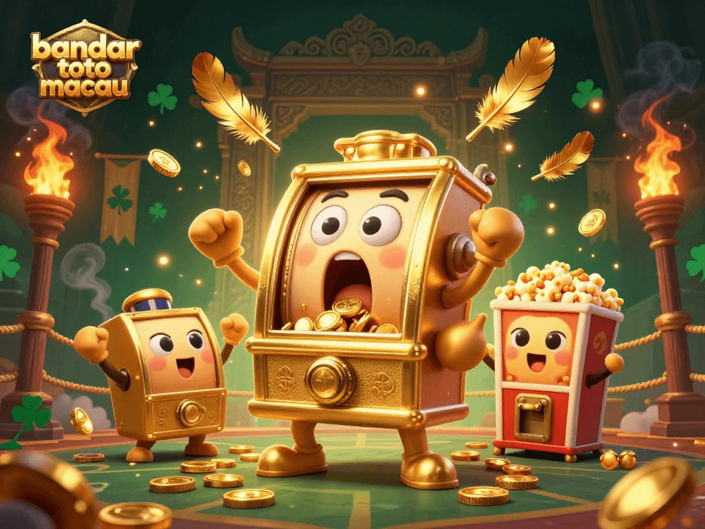 Experience excitement at bandar toto macau with a lively jackpot scene featuring cartoon slot machines and golden coins.
