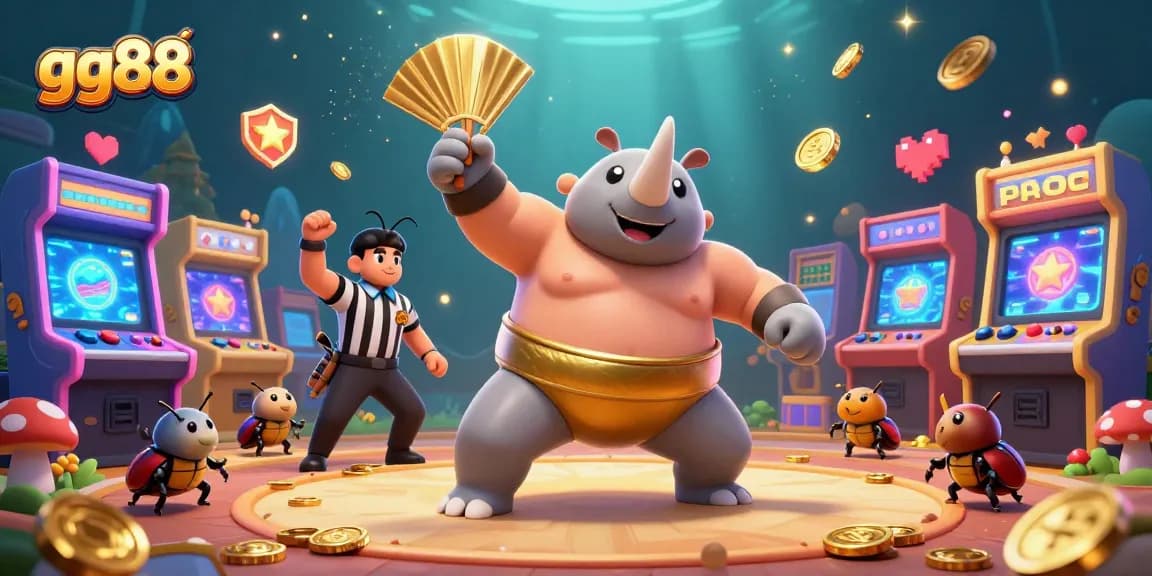 Experience excitement with gg88’s animated scene featuring a beetle sumo champion amidst sparkling casino elements.