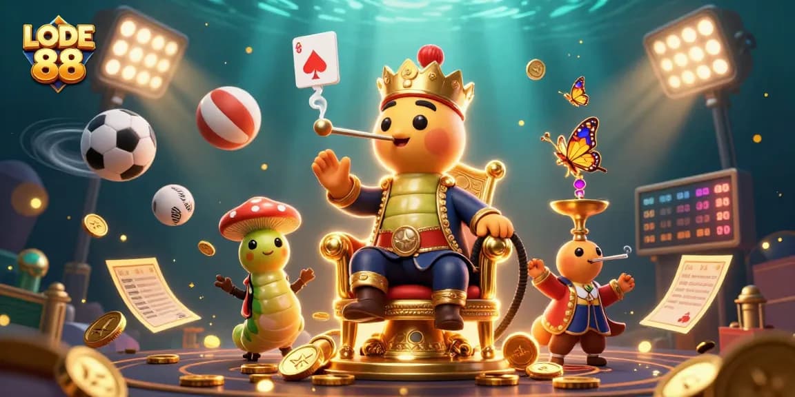 Experience the excitement at LODE 88 with a vibrant 3D casino scene illustrating dynamic sports betting action.