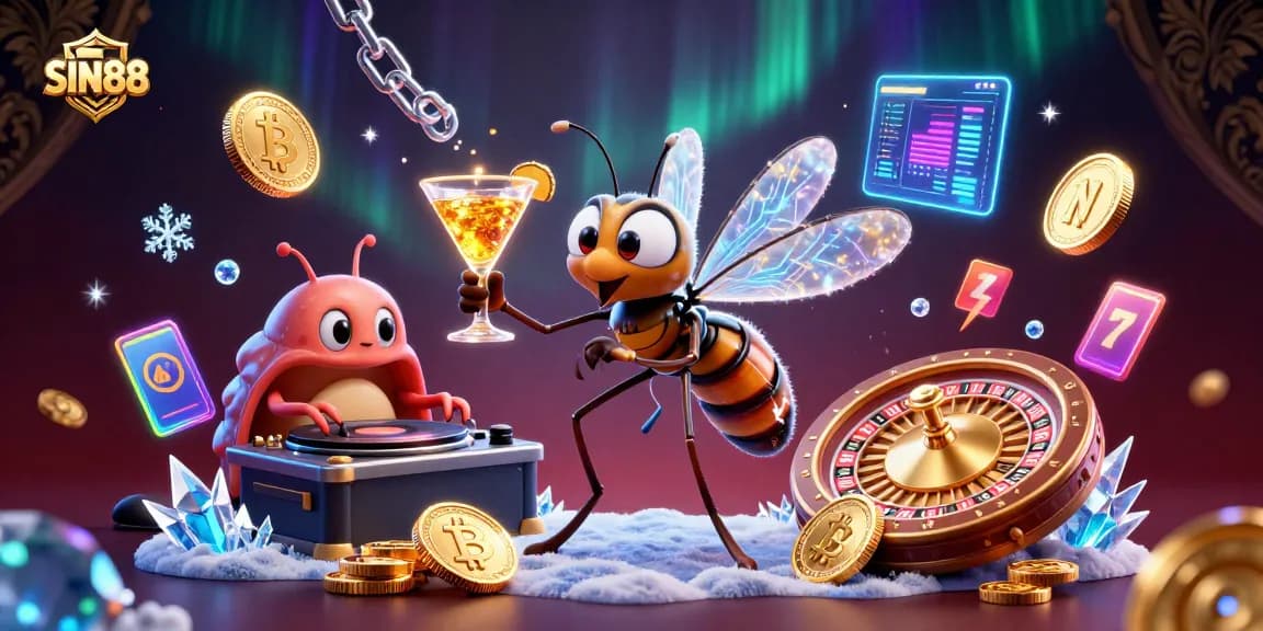 SIN88 showcases a vibrant casino scene featuring a frozen mosquito mascot, trilobite DJ, and golden roulette wheel.