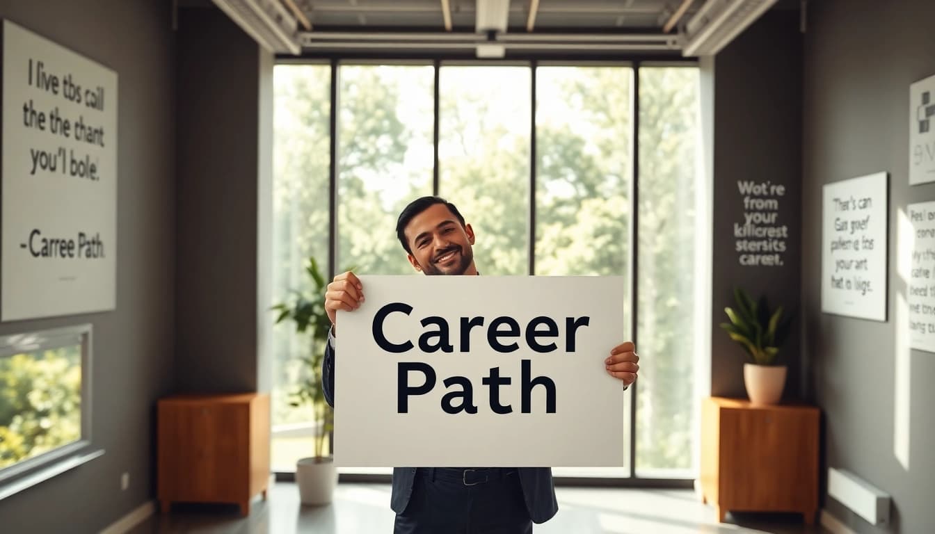 Visualizing the Ideal career with a professional holding a 'Career Path' sign in an inspiring office.