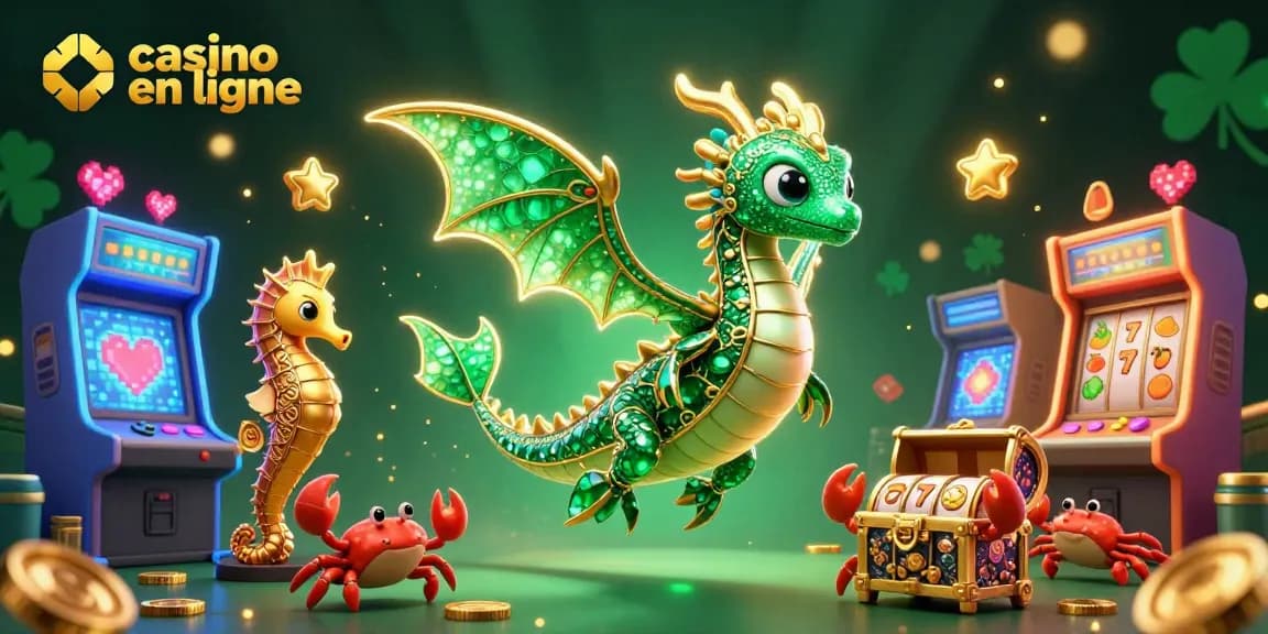 Immersion dans un casino en ligne avec un dragon de mer éblouissant et des éléments de jeu colorés.