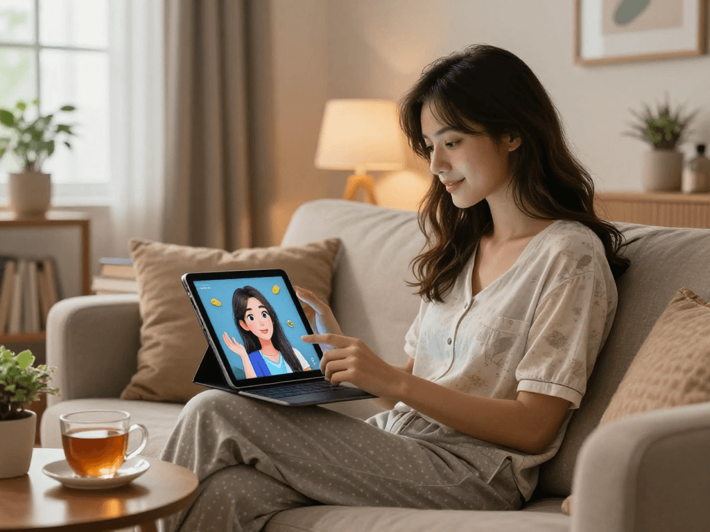 AI girlfriend interaction in a cozy home setting, showcasing modern technology.