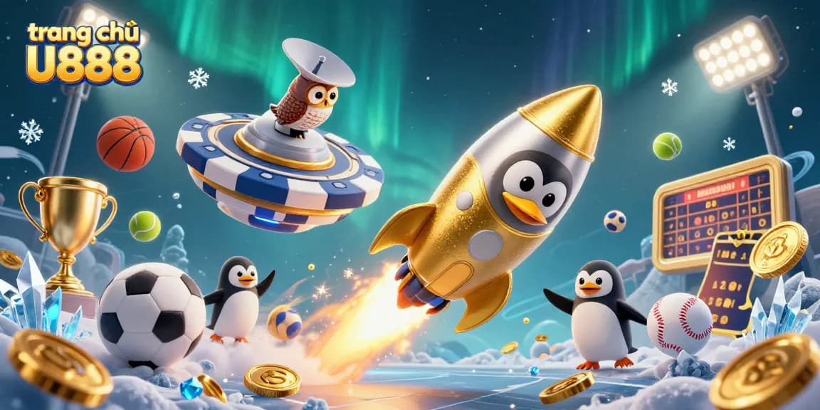 Experience excitement on trang chủ U888 as the golden penguin races to the casino station, amidst sports elements and radiant lights.