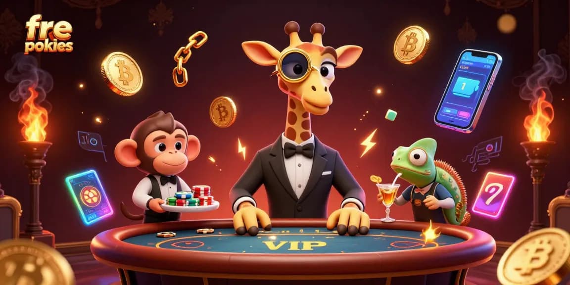 Experience thrilling freepokies action with a giraffe, monkey, and chameleon in a vibrant casino scene.