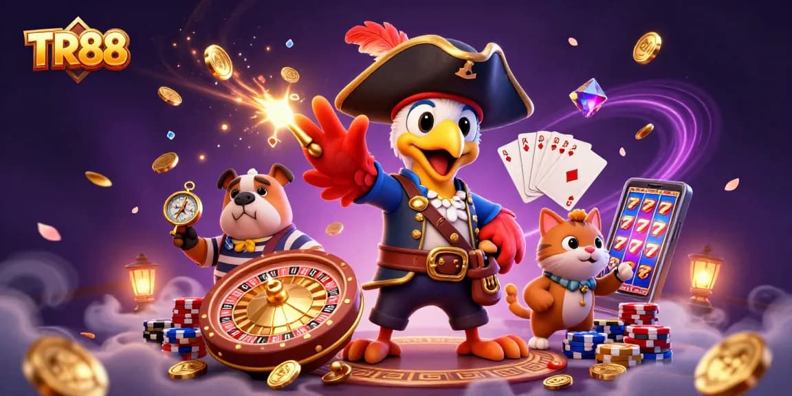 Experience excitement at TR88 with a vibrant 3D casino scene filled with characters and dynamic gambling elements.
