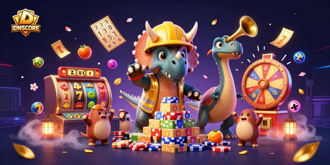 IDNSCORE showcases thrilling slot action with vibrant characters celebrating wins.