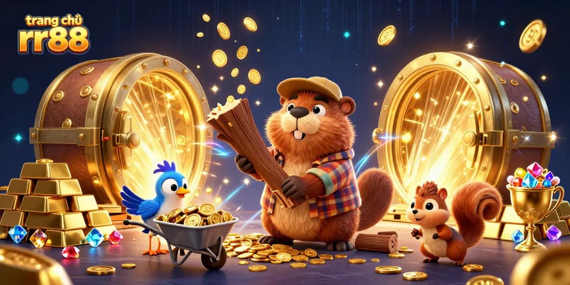 Engaging scene illustrating trang chủ rr88 with a lumberjack beaver, bird, and squirrel in a gambling-themed environment.