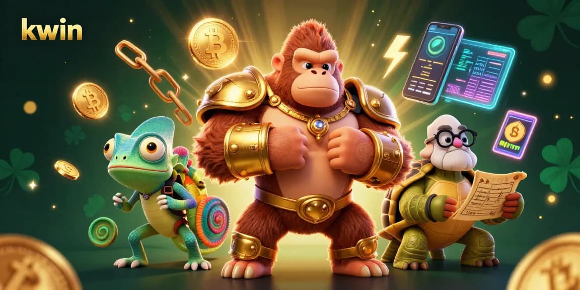 Experience exciting wins at Kwin, featuring a thrilling illustration of a powerful gorilla king and colorful digital elements.