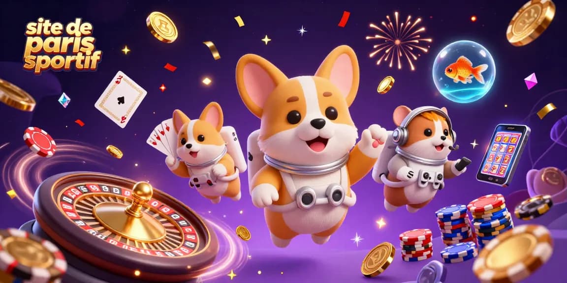 Pari sur un site de paris sportif avec un corgi astronaute, des jetons flottants et une ambiance festive.