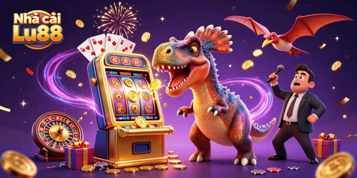 Experience thrilling jackpots at Nhà cái Lu88 with animated dino characters winning big!