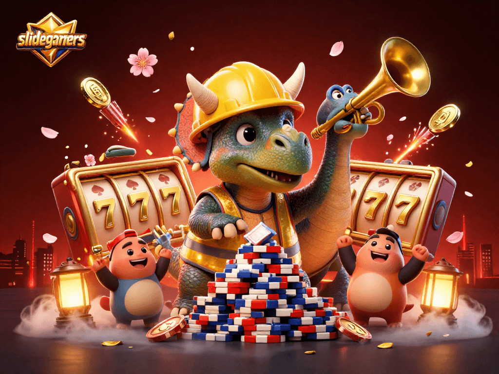 Engage in thrilling gameplay with Slidegamers as vibrant casino characters celebrate big wins!