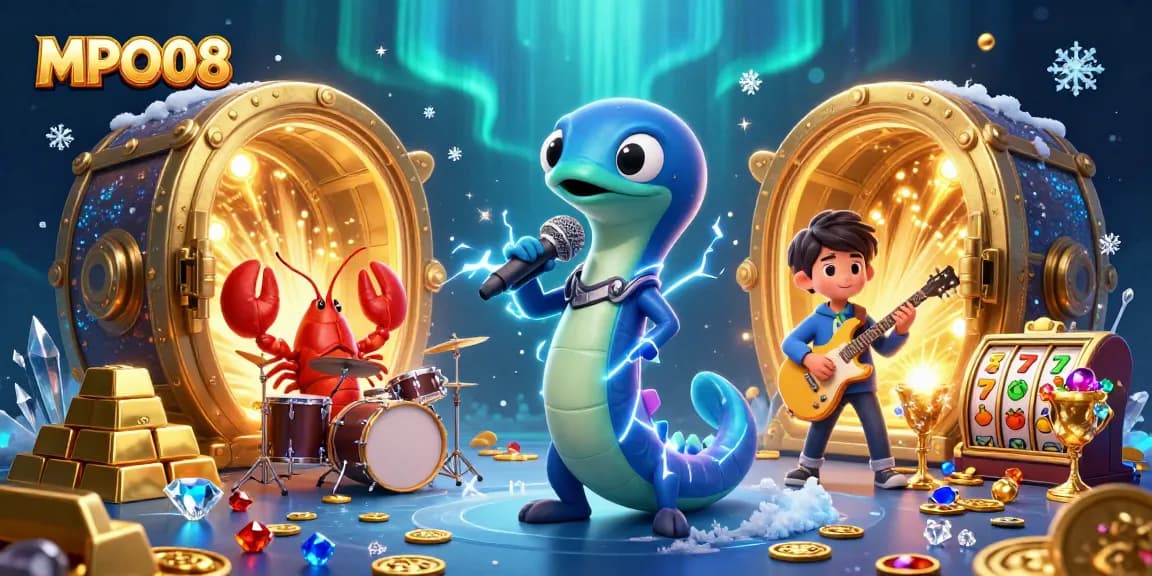 MPO08 offers exciting gameplay with a dynamic underwater casino scene featuring vibrant characters and slot elements.