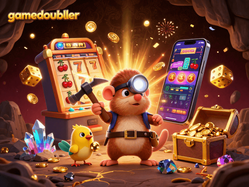 Experience exciting gaming at gamedoubler with vibrant slot machine scenes and treasure hunters.