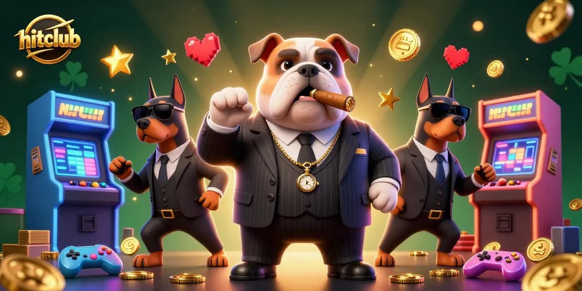 Experience thrilling gameplay at hitclub with a dynamic scene featuring a mafia bulldog and Doberman bodyguards amidst vibrant arcade elements.