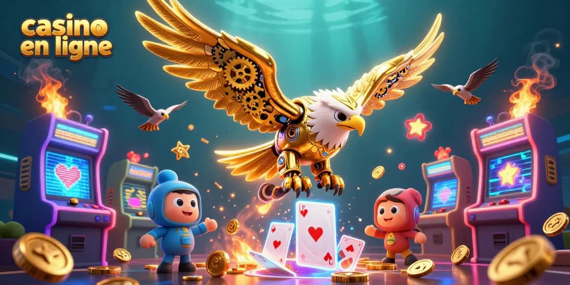 Volez avec l'aigle cybernétique parmi les cartes de casino en ligne, symbole de chance et d'excitation.