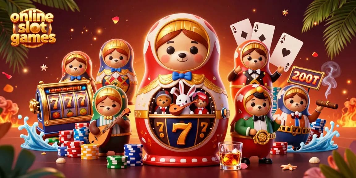 Engage with online slot games through vibrant 3D bears and lively casino elements in this detailed illustration.