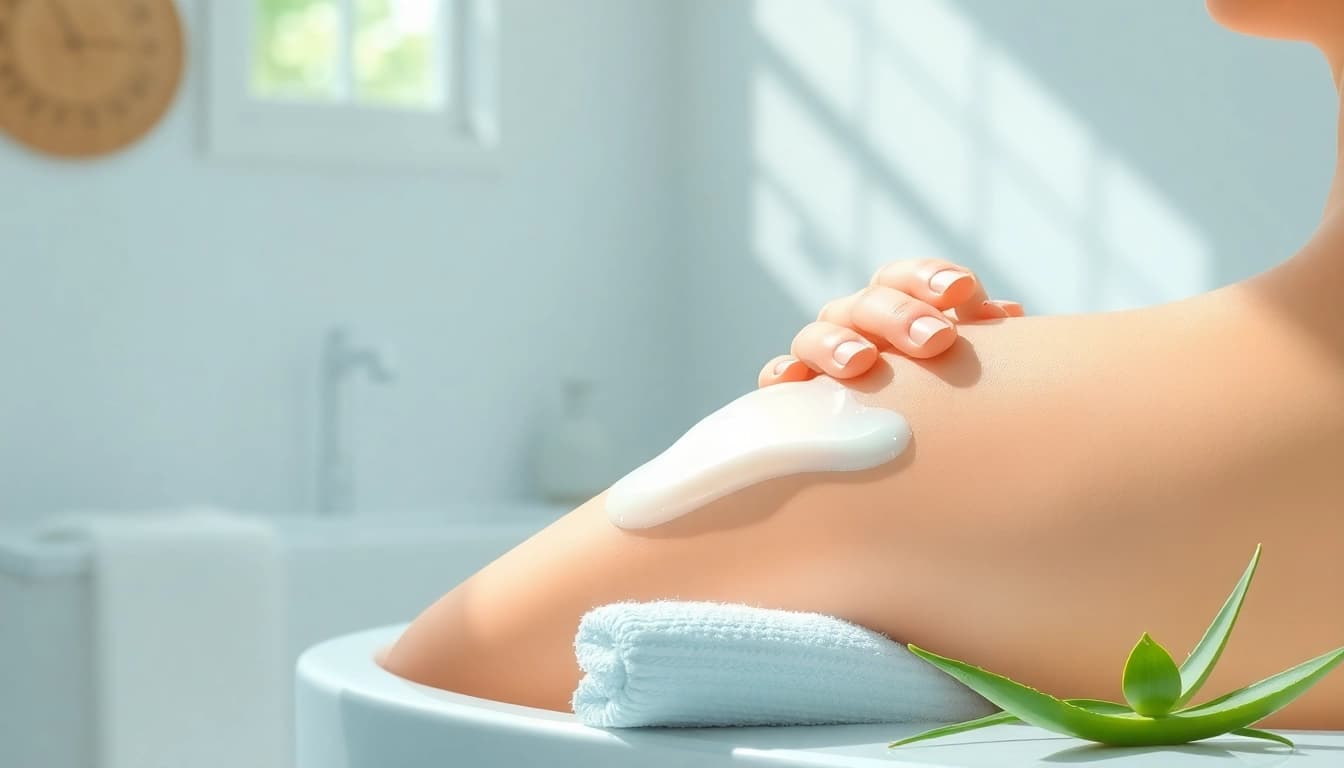 Applying dmso gel to soothe skin in a calming bathroom environment.