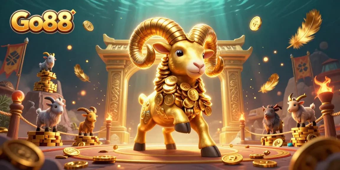 Experience action-packed gaming at Go88 with a golden ram charging through a vibrant casino atmosphere.