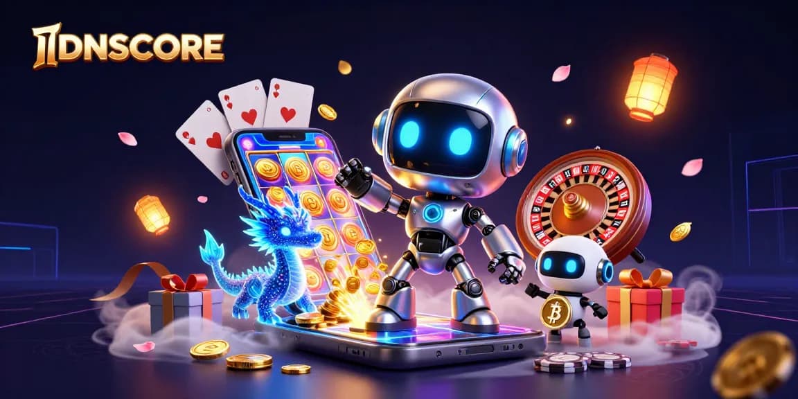 Explore IDNSCORE's vibrant gaming universe with holographic characters and thrilling slot elements.