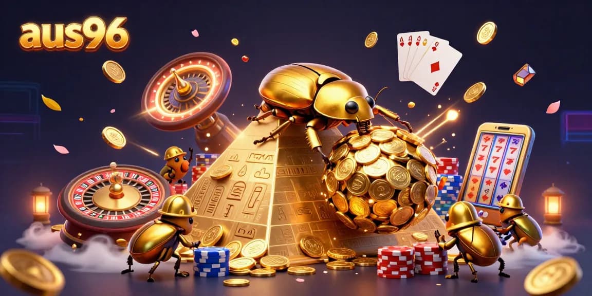 Experience the excitement of aus96 with golden beetles rolling coins in a vibrant casino scene.