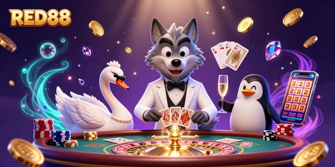 Spin the roulette and win at RED88's dynamic casino scene with delightful characters.