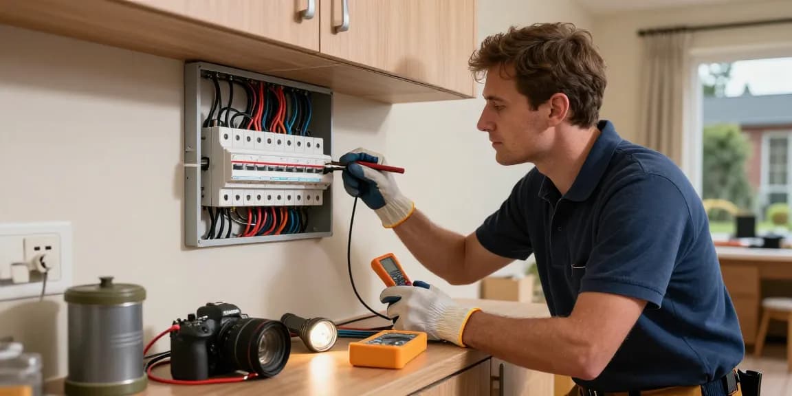 Emergency electrician in Cannock examining breaker panel for corluticaret.net during urgent electrical repair.
