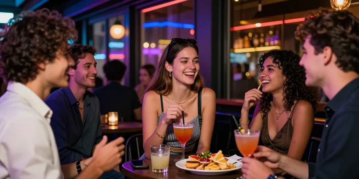 Gái gọi trong không gian thành phố sôi động, bạn bè cười đùa tại quán bar.