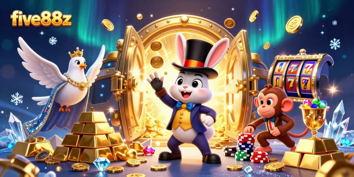 Experience the magic at five88z, where a rabbit conjures riches amidst vibrant casino elements.