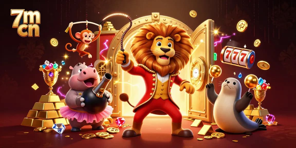 Experience thrilling gaming with 7m cn's lively characters amid rich casino elements like slot reels and gold.