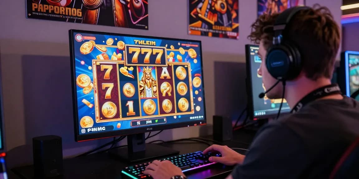 Player enjoying a slot game experience with "777" symbols and virtual coins flying around the screen.
