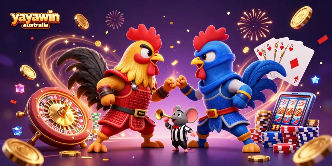 This dynamic scene showcases yayawin australia, featuring twin 3D fighting roosters in action with exciting casino elements surrounding them.