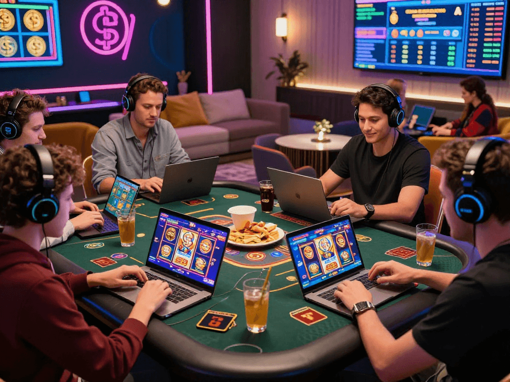 Exciting crypto casino scene featuring diverse players enjoying digital games in a vibrant atmosphere