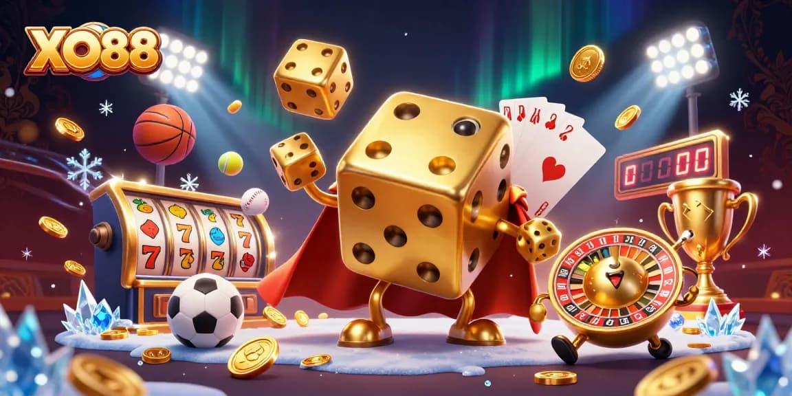 XO88 showcases a vibrant 3D gambling scene with golden dice and dynamic sports elements.