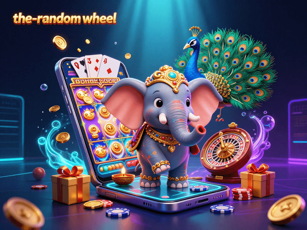 Spin the-random-wheel with vibrant 3D casino elements, featuring an elephant and peacock in a lively gaming atmosphere.