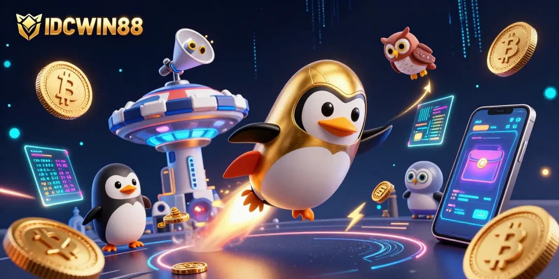 Experience thrilling gameplay with IDCWIN88 as the golden penguin flies to a casino space station packed with crypto elements.