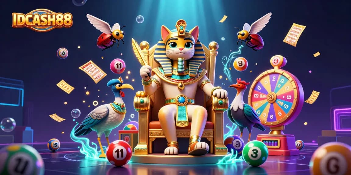Experience IDCASH88's vibrant gaming scene with Egyptian motifs and lottery elements in a dynamic illustration.