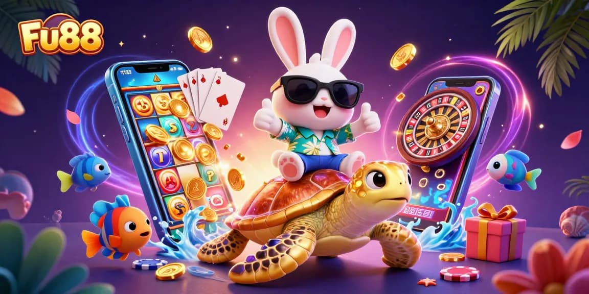 Experience fun with Fu88 as a lucky rabbit and golden turtle amidst vibrant casino elements.