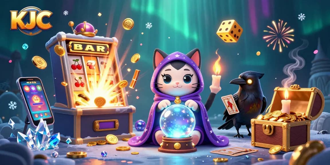 KJC showcases an exciting 3D scene with a fortune teller cat, a tarot-dealing raven, and glowing elements, capturing the thrill of casino gaming.