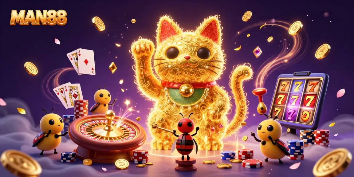 MAN88 promotes a captivating casino experience featuring golden fireflies and lucky symbols.