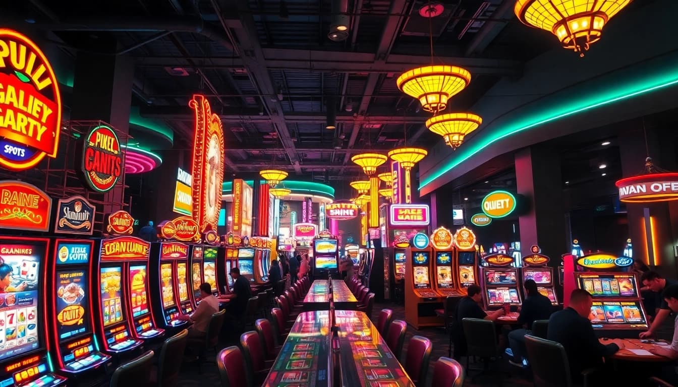 Pemain dalam suasana kasino yang meriah dengan slot ora78 dan lampu neon berkilau.