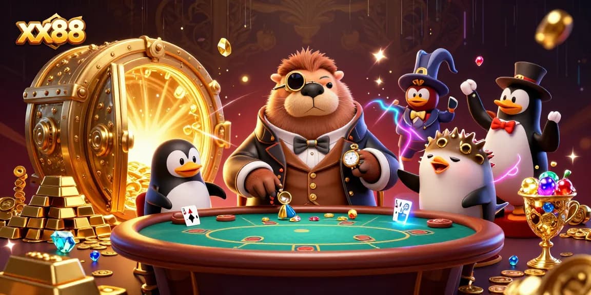 Engage with xx88 in an underwater poker game featuring a walrus, penguin dealer, and pufferfish amidst gold treasures.