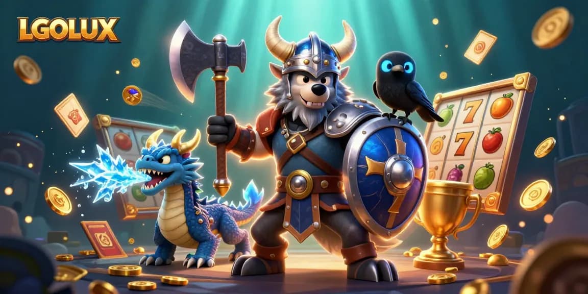 Engage with LGOLUX slots featuring a Viking wolf warrior and dynamic slot game elements.