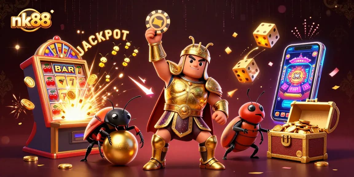 Experience an exciting nk88 jackpot scene with animated beetles and vibrant casino elements.
