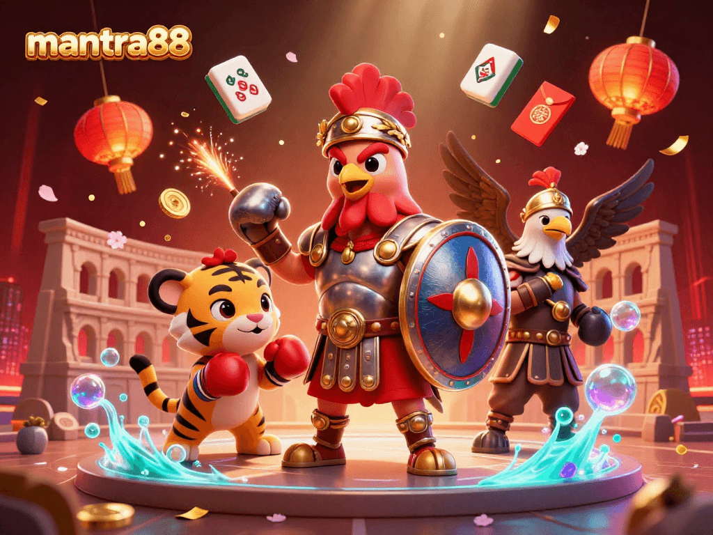 Watch mantra88 come alive with a roaring gladiator rooster, vibrant game elements, and a dynamic casino atmosphere.