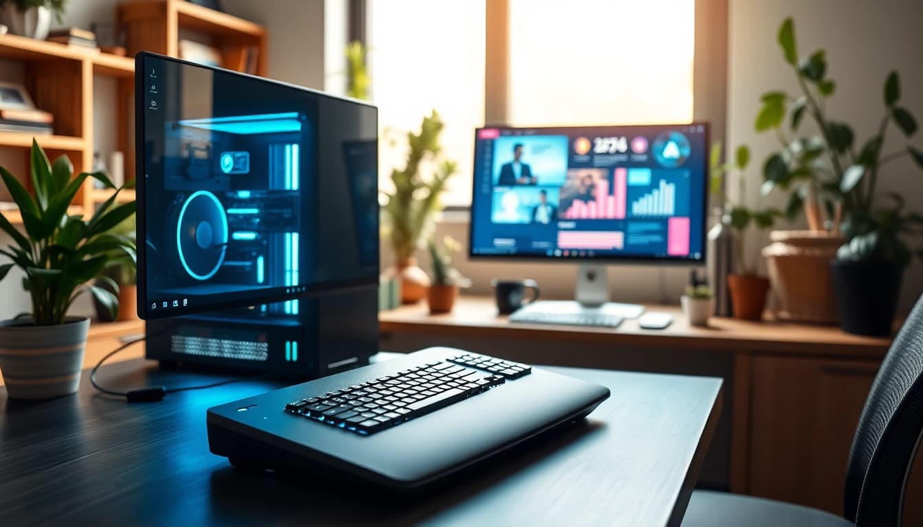 Προϊόντος pc ανακατασκευασμένος σε ένα σύγχρονο γραφείο με φυσικό φωτισμό.
