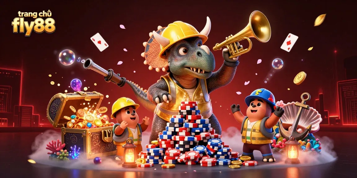 Experience fun and excitement at trang chủ fly88 with a dynamic 3D illustration of a triceratops building poker chips!